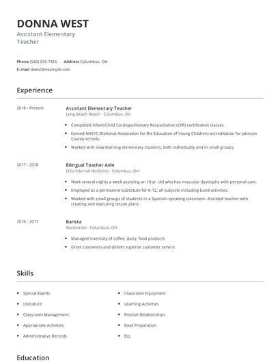 Assistant Elementary Teacher Resume