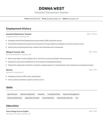 Assistant Elementary Teacher Resume