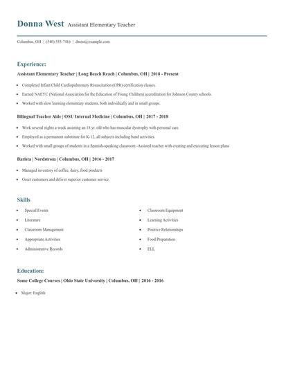 Assistant Elementary Teacher Resume