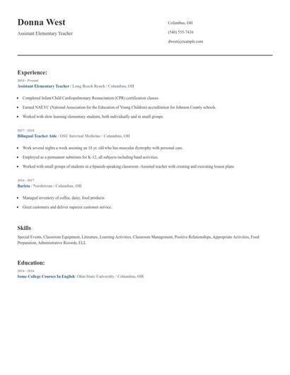 Assistant Elementary Teacher Resume