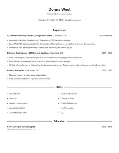 Assistant Elementary Teacher Resume