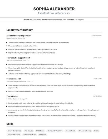 Assistant Group Supervisor Resume