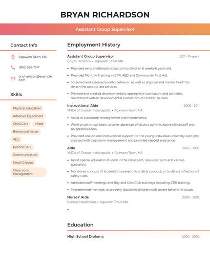 Assistant Group Supervisor Resume