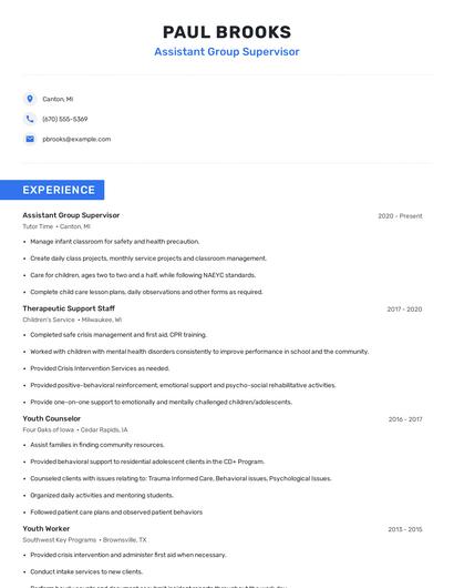 Assistant Group Supervisor Resume