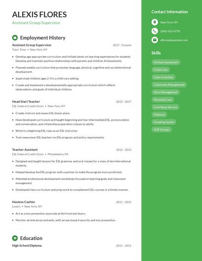 Assistant Group Supervisor Resume