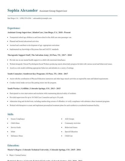 Assistant Group Supervisor Resume