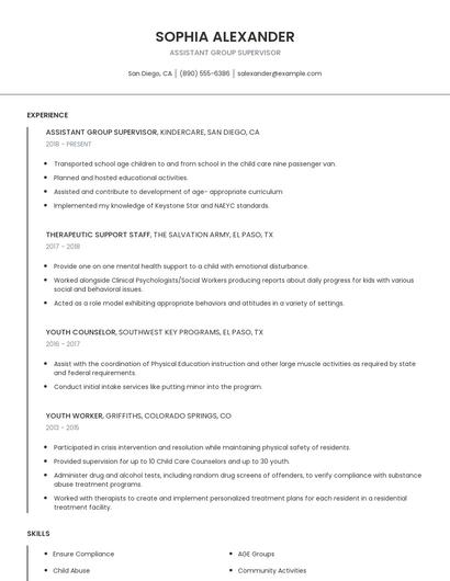 Assistant Group Supervisor Resume