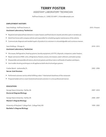 Assistant Laboratory Technician Resume