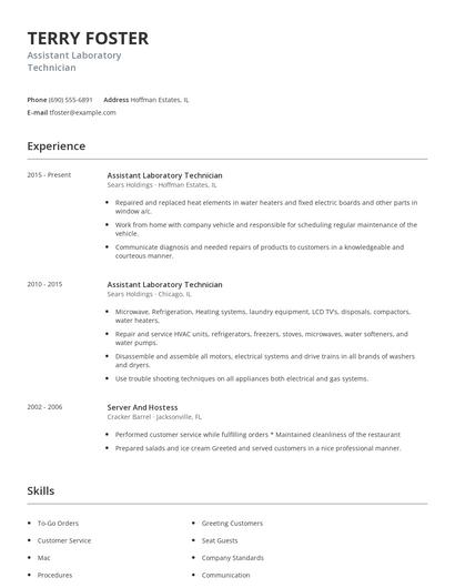Assistant Laboratory Technician Resume