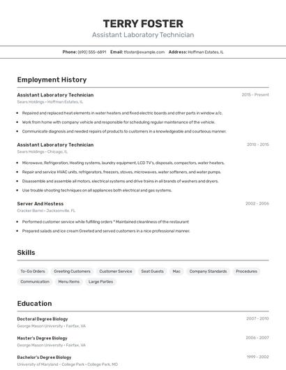 Assistant Laboratory Technician Resume