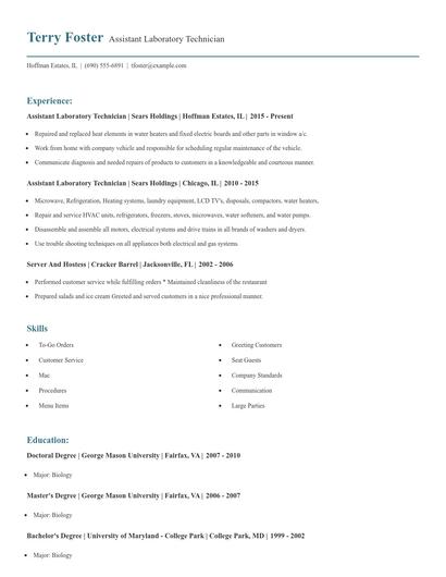 Assistant Laboratory Technician Resume