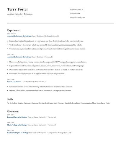 Assistant Laboratory Technician Resume