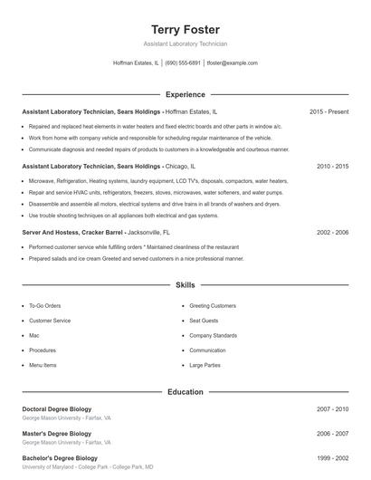Assistant Laboratory Technician Resume