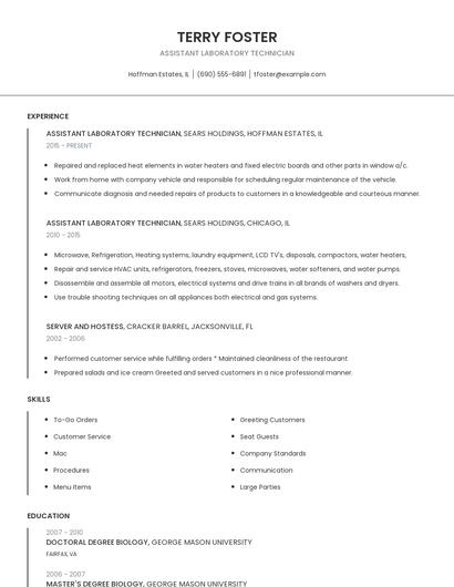 Assistant Laboratory Technician Resume