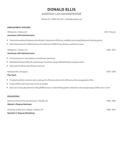 Assistant LAN Administrator Resume