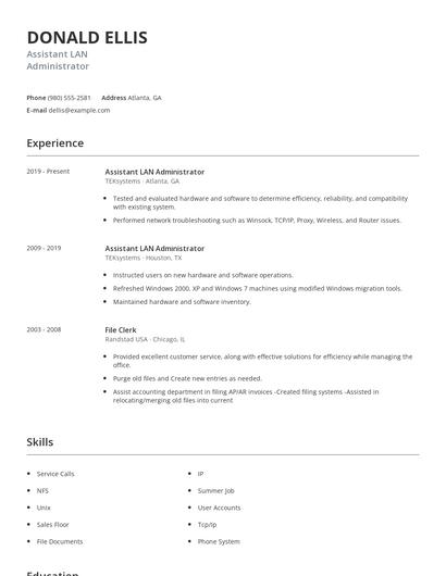 Assistant LAN Administrator Resume