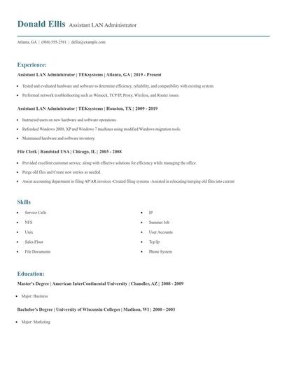 Assistant LAN Administrator Resume