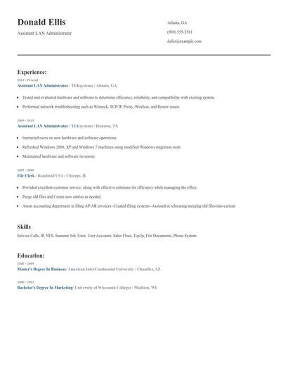 Assistant LAN Administrator Resume