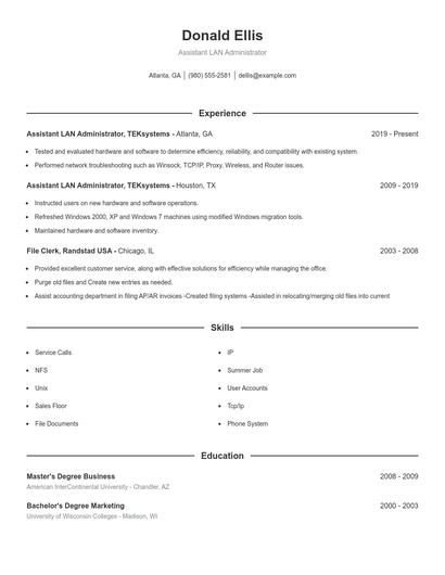 Assistant LAN Administrator Resume