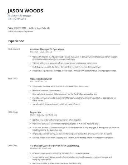 Assistant Manager Of Operations Resume