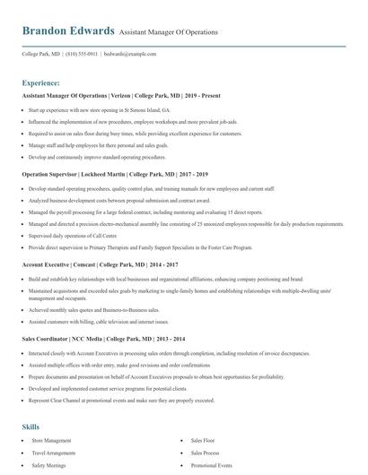 Assistant Manager Of Operations Resume