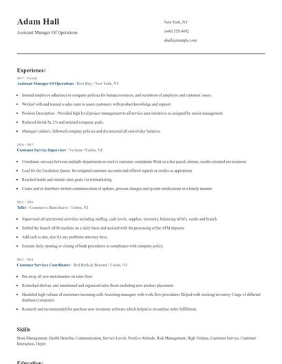 Assistant Manager Of Operations Resume