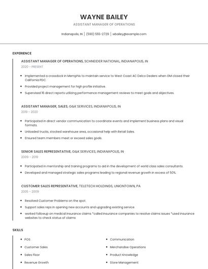 Assistant Manager Of Operations Resume