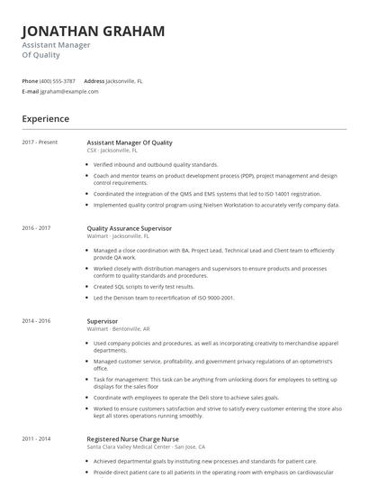 Assistant Manager Of Quality Resume
