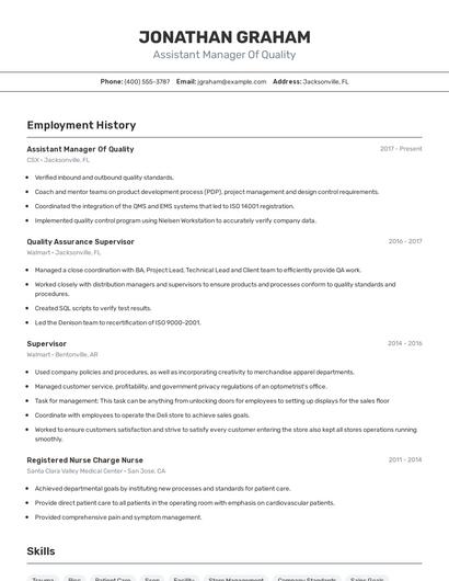 Assistant Manager Of Quality Resume