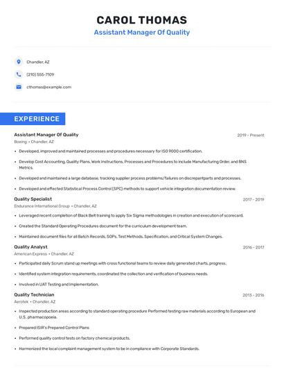 Assistant Manager Of Quality Resume