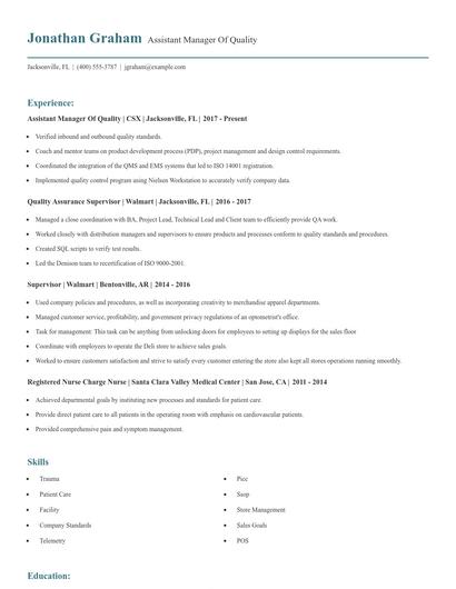 Assistant Manager Of Quality Resume