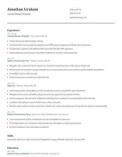 Assistant Manager Of Quality Resume