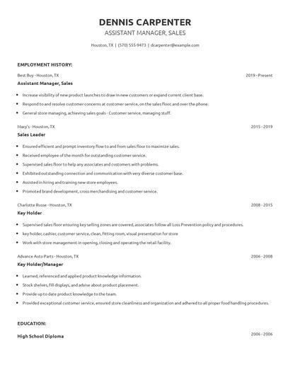 Assistant Manager, Sales Resume