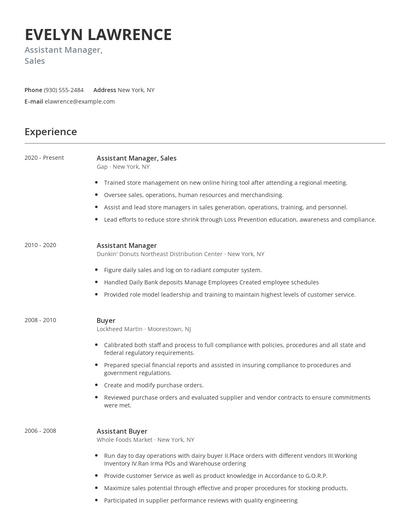 Assistant Manager, Sales Resume