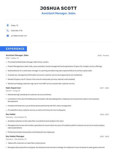 Assistant Manager, Sales Resume