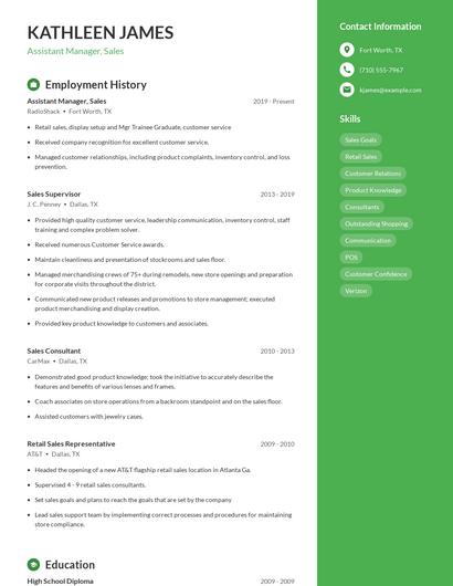 Assistant Manager, Sales Resume