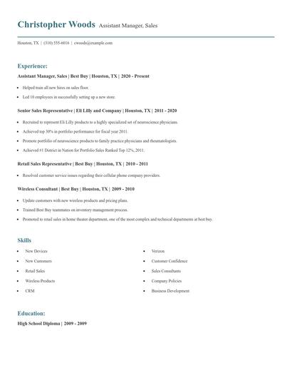 Assistant Manager, Sales Resume