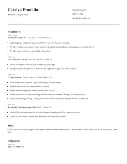 Assistant Manager, Sales Resume