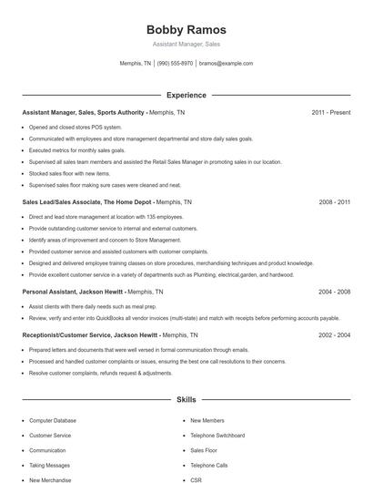 Assistant Manager, Sales Resume