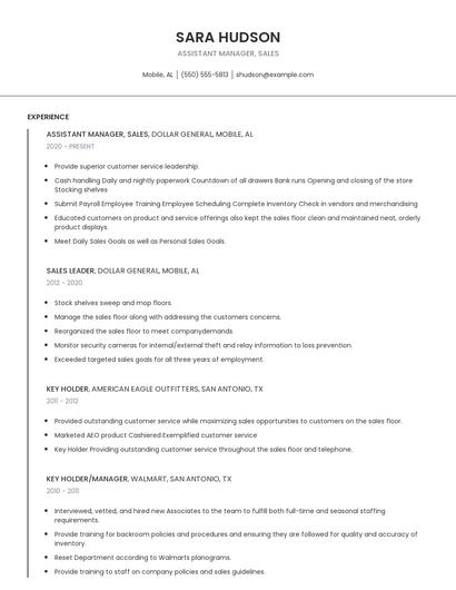 Assistant Manager, Sales Resume