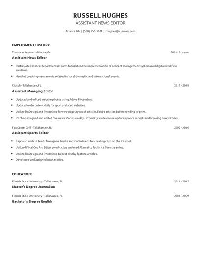 Assistant News Editor Resume
