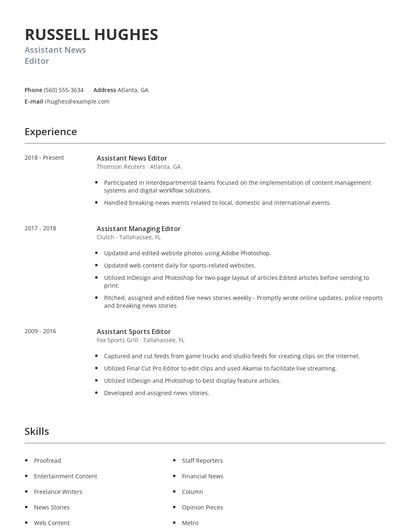 Assistant News Editor Resume
