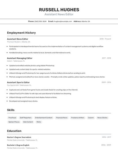 Assistant News Editor Resume