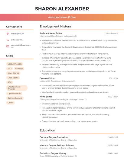 Assistant News Editor Resume