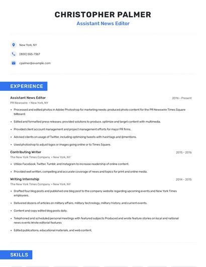 Assistant News Editor Resume