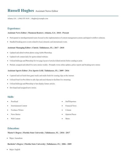 Assistant News Editor Resume