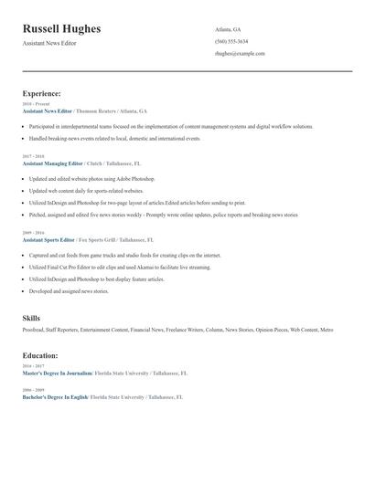 Assistant News Editor Resume