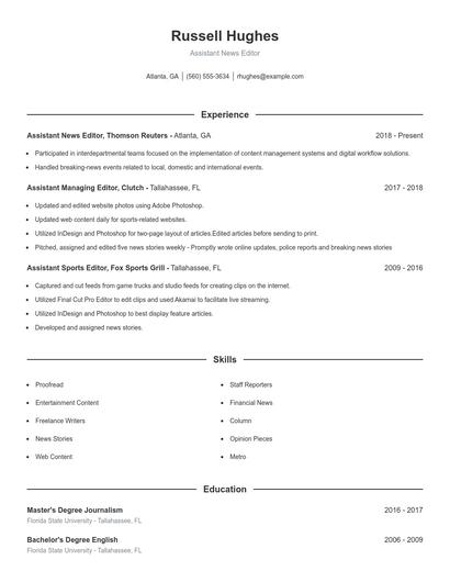 Assistant News Editor Resume