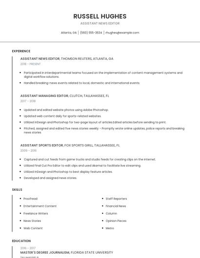 Assistant News Editor Resume