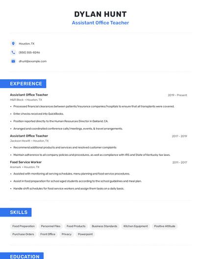 Assistant Office Teacher Resume